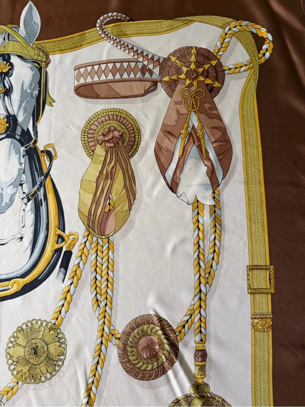 Hermès Paris Equestrian Silk Scarf in Cream, Gold and Brown - Picture 6 of 16